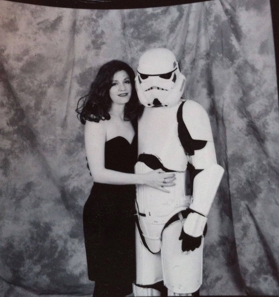 Black and white photo of Wendy with a Star Wars Storm Trooper